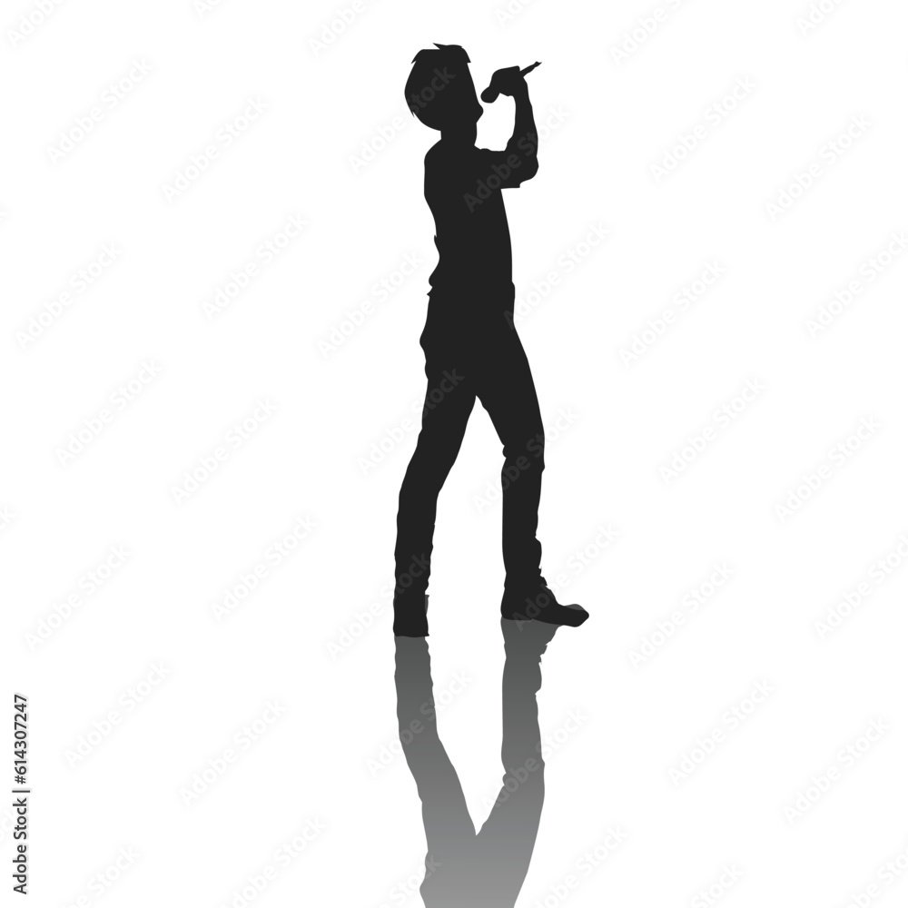 silhouette of a singer standing holding a mic, stylish, shouting and singing a song, musician, band, singing
