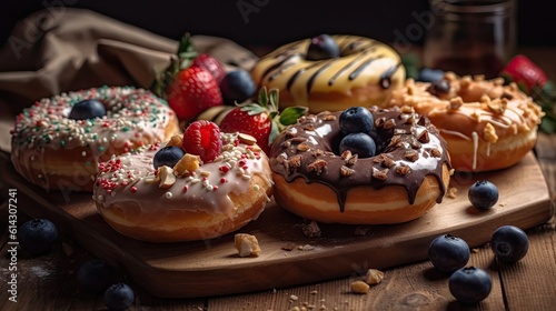 a collection of donuts various flavors with toppings on a wooden plate with a blurred background