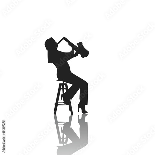 silhouette of a beautiful woman sitting playing the trumpet, musician, orchestra, playing music