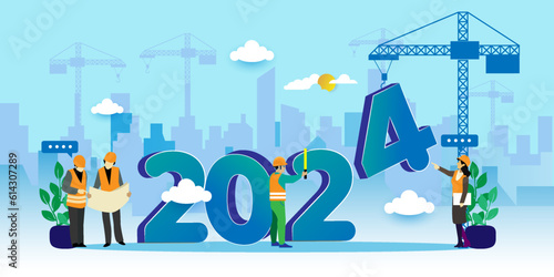 Construction team sets numbers for New Year 2024 Concept. Cartoon Vector People Illustration