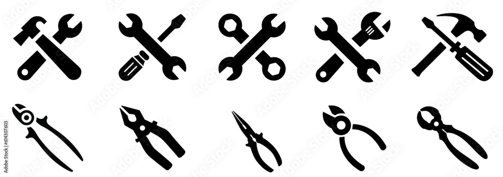 Tools solid icons set. Screwdriver, wire cutter, service and repair. Vector illustration Tools solid icons set. Screwdriver, wire cutter, service and repair. Vector illustration