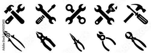 Tools solid icons set. Screwdriver, wire cutter, service and repair. Vector illustration photo