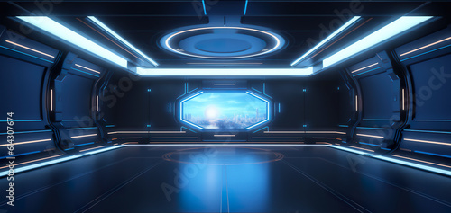 A futuristic sci - fi space station with a window. Generative AI. Empty digital stage, mockup.