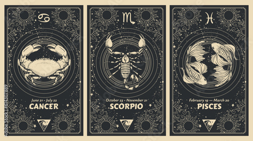 Zodiac signs Cancer, Scorpio, Pisces, water element, mystical astrology card set, horoscope banner with realistic pattern on black background for stories. Vector boho hand drawing, magic design. photo