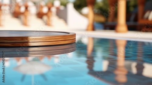 empty wooden  pebble  marmer  marble table blurred pool water