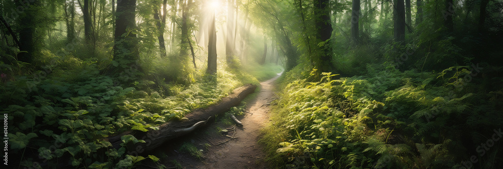 a path through a lush green forest with sunbeams, Generative AI