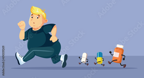 Overweight Person Running Away from Pills and Health Problems Concept Illustration. Person suffering from obesity related diseases scared of treatment
