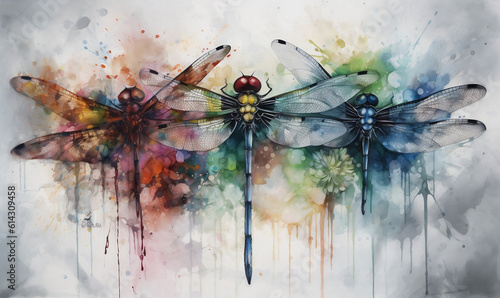 a painting of three dragonflies on a white background with watercolor splashs and paint splatters on the bottom of the image, Generative AI