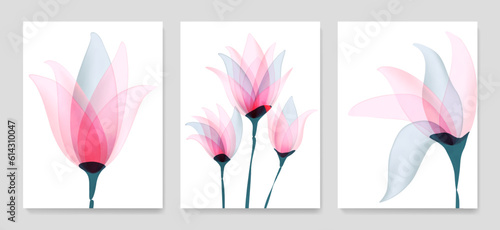 Botanical floral art background in transparent x-ray style. Vector set with ink flowers for decoration design, print, textile, interior design, wallpaper, poster.