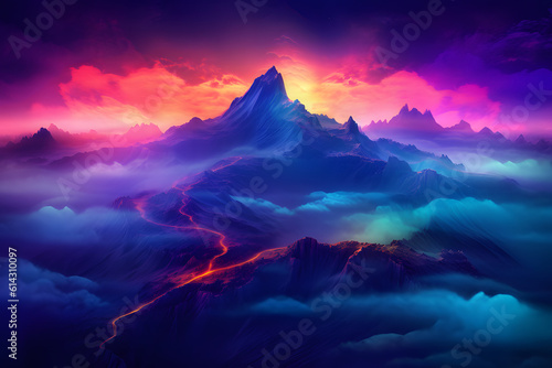 Colorful fantastical cyberpunk lava with mountains at night Generative AI