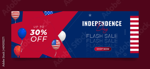 USA independence day flash sale web, ad, social media banner template with editable. blue background with star, balloon design