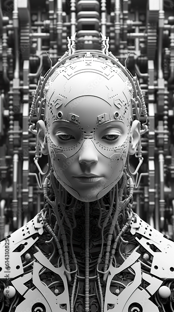 A black and white photo of a robot. Generative AI.