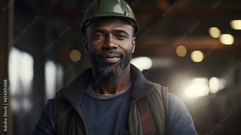 Portrait of black man working at construction site, background, wallpaper, digital illustration, generated by AI Portrait of black man working at construction site, background, wallpaper, digital illustration, generated by AI