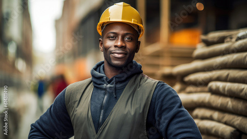 Portrait of black man working at construction site, background, wallpaper, digital illustration, generated by AI