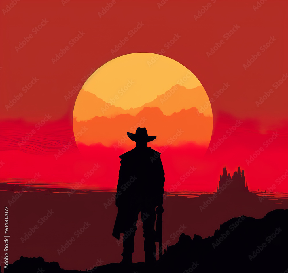 A man in a cowboy hat standing on a hill. Generative AI.