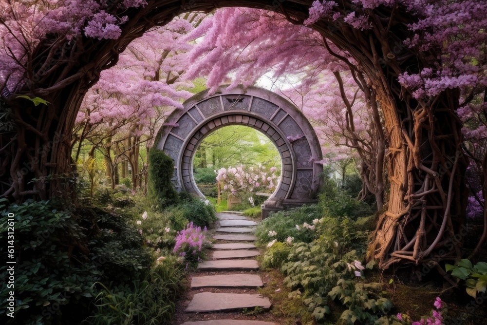 Obraz premium A mystical portal surrounded by blooming flower arches leading to an enchanting secret garden. Generative AI