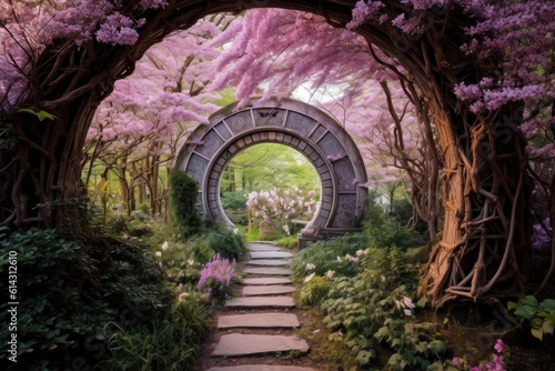 A mystical portal surrounded by blooming flower arches leading to an enchanting secret garden. Generative AI
