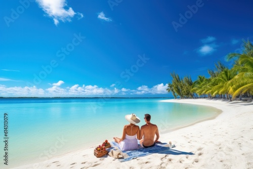 Wallpaper Mural Romantic young couple having picnic on beach, palm trees and crystal clear waters