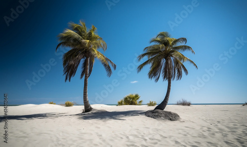 two palm trees on a desert island with a blue sky  Generative AI