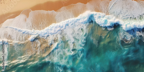 Overhead photo of crashing waves on the shoreline. Tropical beach surf. Abstract aerial ocean view