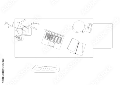 Empty Workplace outline, Desk Chair Computer Workspace Office No People. Office workplace flat design. Creative workplace modern open space empty nobody office interior contemporary.