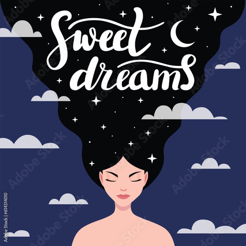 Woman with long hair decorated with moon and stars. Sweet dreams banner. Happy young woman is fast asleep. Sleep tight, sweet dreams fantasy concept. Flat vector illustration
