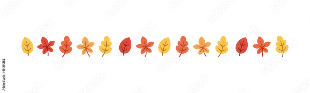 Autumn leaves separator border in orange and red colors for Fall and Thanksgiving season. Vector isolated on white background. Autumn leaves separator border in orange and red colors for Fall and Thanksgiving season. Vector isolated on white background.