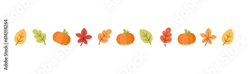 Autumn leaves and pumpkins separator border for Fall and Thanksgiving season. Vector isolated on white background. © Aletheia Shade