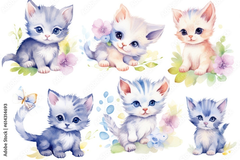 Set of watercolor baby kittens with flowers. Sweet and pretty kitties. White background. Generative AI
