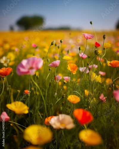 Background, flowers, plants, spring, flowering field, color shots, Generative AI