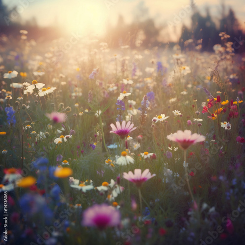 Wildflowers in sunset light, Blooming spring meadow Field of summer flowers, Generative AI