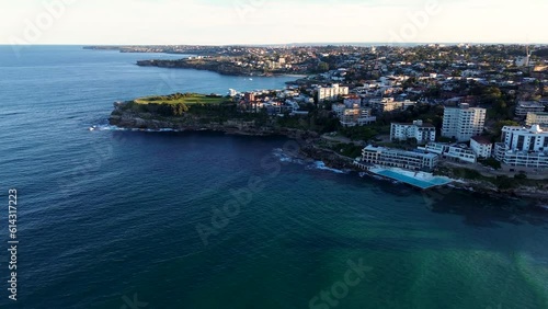 Drone aerial shot of Bondi Beach headland buildings baths coastline landscape view Sydney City NSW travel tourism Australia Marks Park Tamarama Point photo