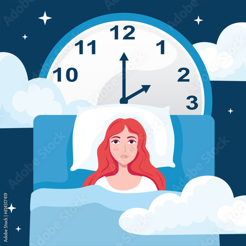 Insomnia girl. Sleep disorder, sleeplessness concept. Unhappy, sad, tired women lying in bed, trying to fall asleep. Female character suffers from insomnia.  Vector illustration in flat cartoon design