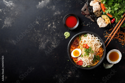 food vegetable meal chopstick japanese asian noodle soup ramen bowl. Generative AI.