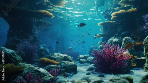 A stunning image of an underwater sea in cyberpunk and sci-fi style. It shows a submerged Plants, Rocks and exotic creatures. It creates a sense of mystery and adventure AI Generative © Graphics.Parasite