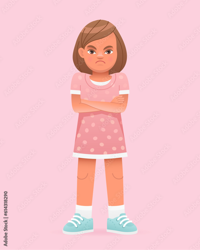 Beautiful white baby in a pink dress. Little girl stands dissatisfied with her arms crossed. Beautiful white baby in a pink dress. Little girl stands dissatisfied with her arms crossed.