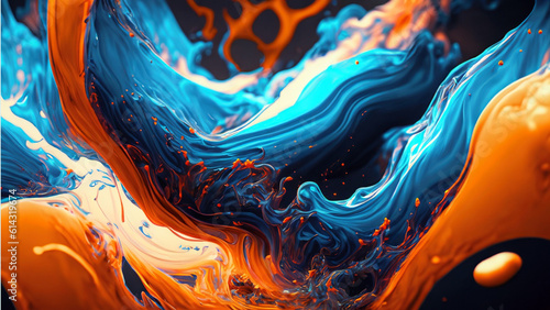 Digital art 3D illustration, blue and orange Spectacular image of liquid ink churning together, with realistic texture for watercolor textures backgrounds and web banners design. (ai generated)