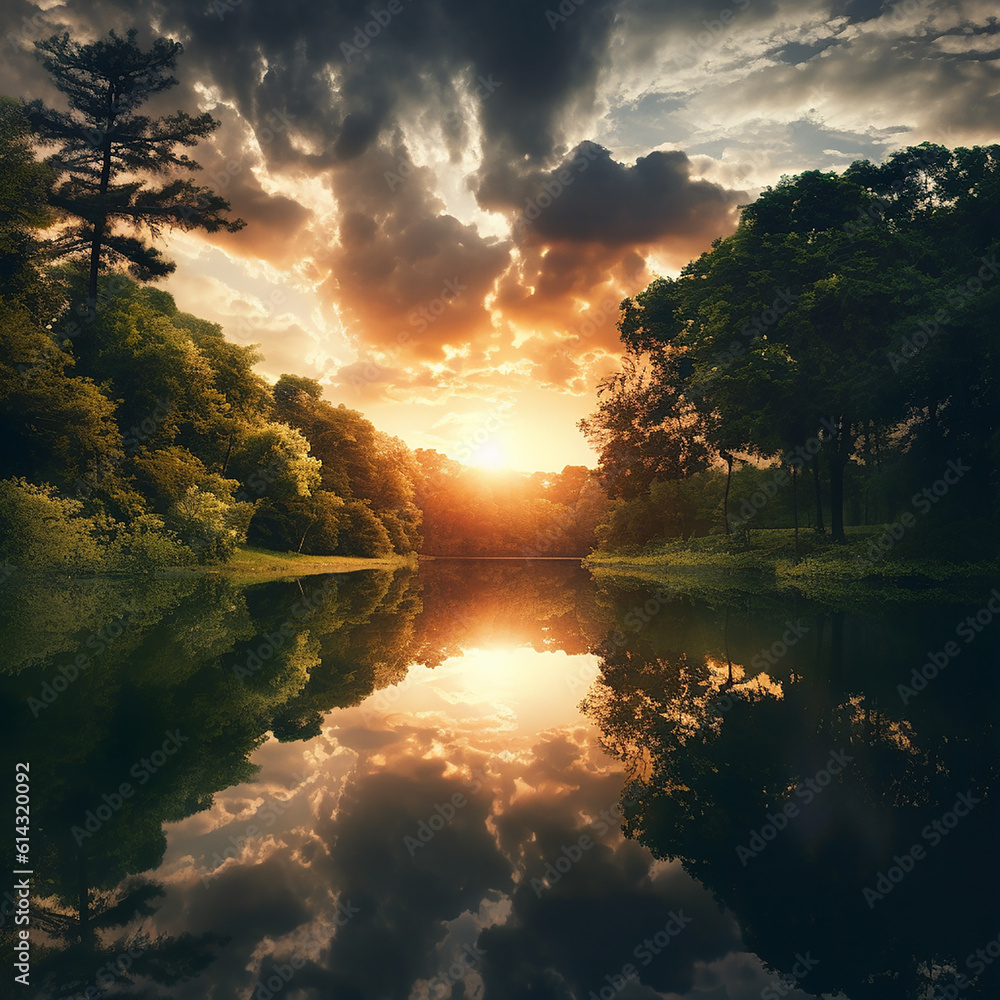 A beautiful nature image of a serene sunset over a calm lake surrounded by lush green trees