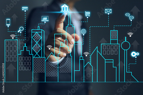 technology modern urban area that uses different types of electronic methods and sensors to collect specific data. Information gained from that data is used to manage assets. smart city concept photo