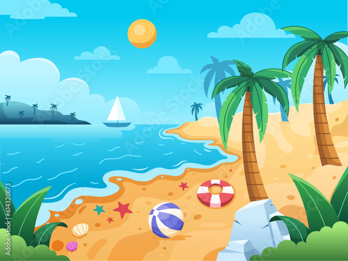Vector illustration of summer beach landscape, with a serene seashore with shimmering golden sand, tranquil waves caressing the shore, and vacation vibe. Perfect for greeting card, postcard, banner.