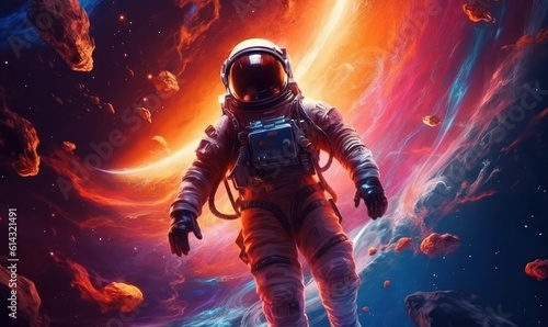 Astronaut Exploring the Galaxy, Colorful Space Illustration Background. Generative Ai