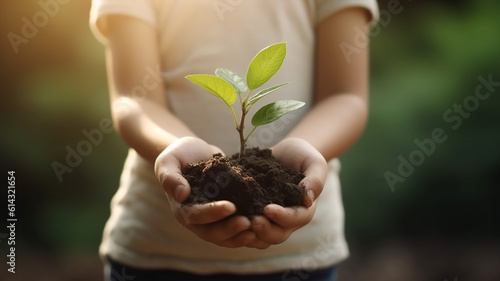 Hands of a child hold fertile soil with growing seedling young green leaves. Metaphor about protection of nature. Symbol of sustainable agriculture. Ecological natural growth. Poster on Earth Day. Ai