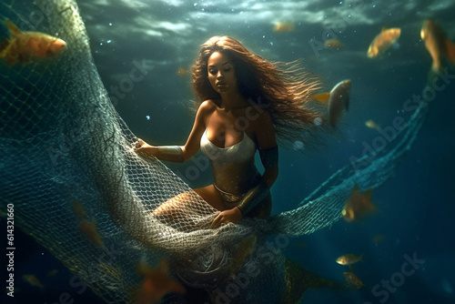 Gorgeous mermaid in the water, woman underwater in summer costume against fishing nets at sea, concept of clean ocean and respect for fish and marine ecosystems. Against trawling. Save the oceans 