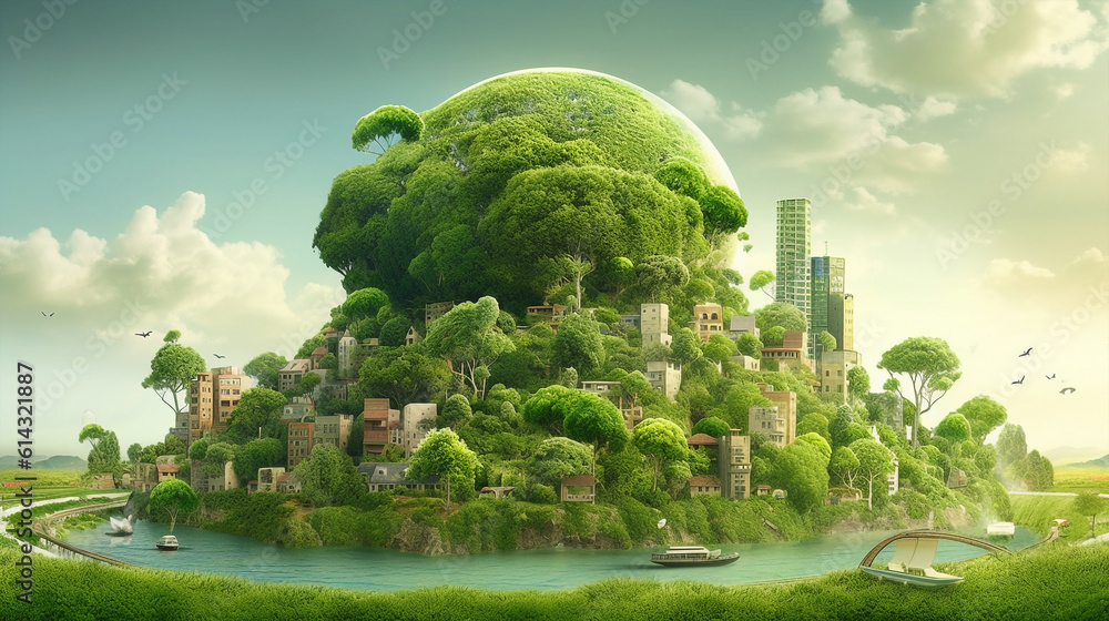 Sustainable cityscape with eco-friendly houses, concept island with green buildings, lush trees. Fantasy world art that promotes ecological awareness. print idea for environmental ad campaigns. - obrazy, fototapety, plakaty 