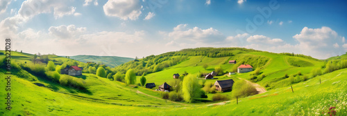 Summer or spring landscape  panoramic village with grass field and wildflowers  holiday natural background  countryside scene with green meadow on hills and blue sky  Generative AI