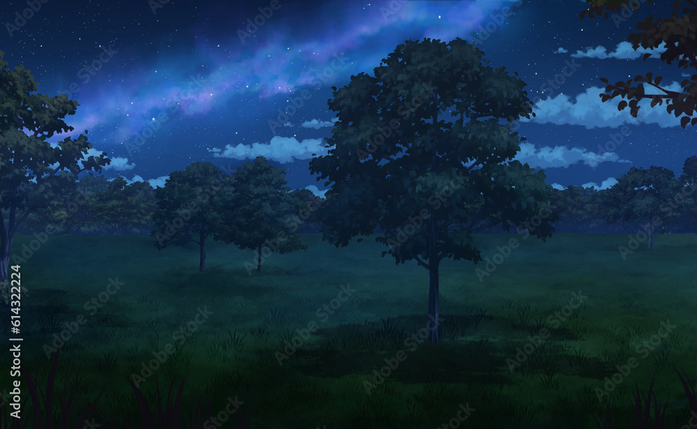 Trees in the Field at the Night - Anime Background. Trees in the Field at the Night - Anime Background.
