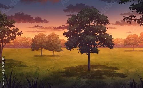 Trees in the Field at the Evening - 2D Anime Background.