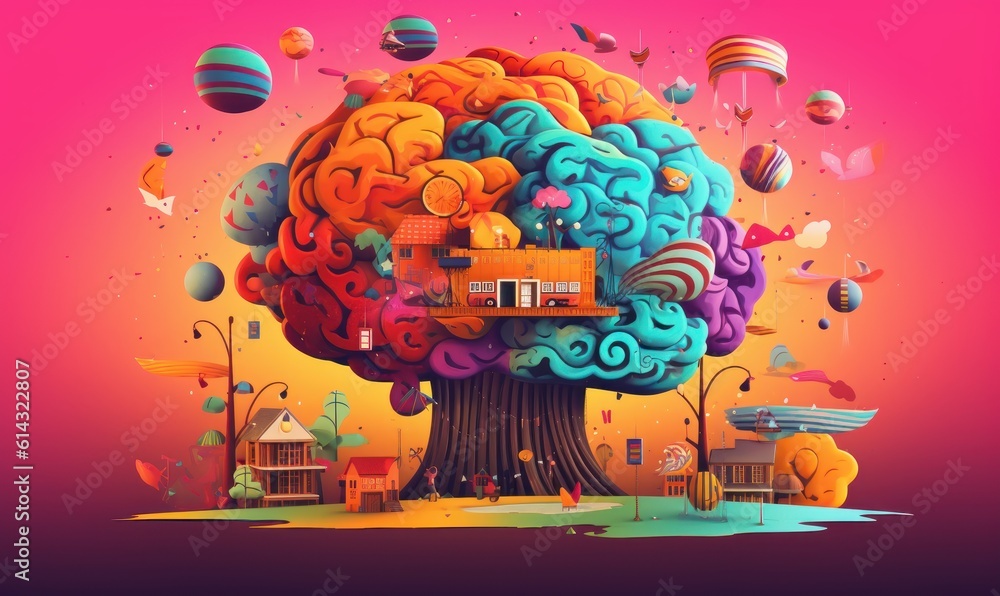 Obraz premium Colorful Creative Brain Illustration, Imagination and Inspiration Background. Generative AI