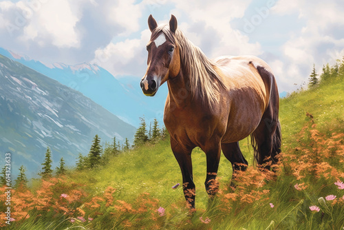 Illustration of a horse in a green meadow, Generative AI