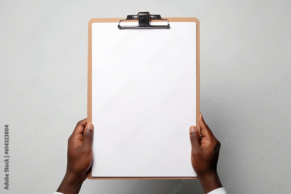 Hands holding clipboard with blank white paper, top view, Generative AI Hands holding clipboard with blank white paper, top view, Generative AI